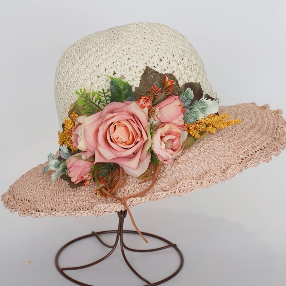 Two-Tone Crocheted Hat Floral stems in back